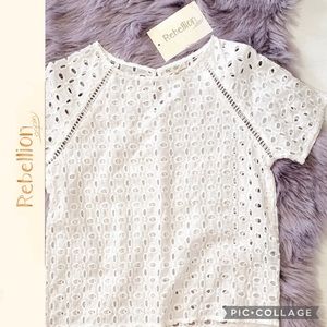 White Eyelet Top, Rebellion Again, size Medium, NWT